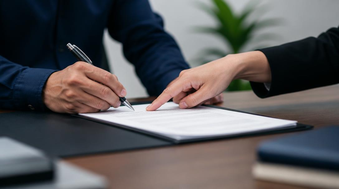 Pessoas conferindo documentos de rescisão do contrato